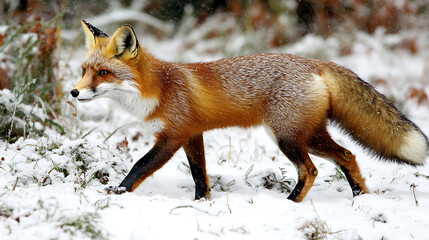Obraz premium red fox walking through fresh snow, looking back with curiosity
