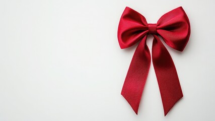 Elegant red ribbon bowknot on a clean white background, perfect for gift wrapping or celebration themes; features ample empty space for personalization.