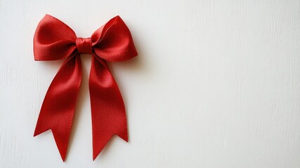 Elegant red ribbon bowknot on a clean white background, perfect for gift wrapping or celebration themes; features ample empty space for personalization.
