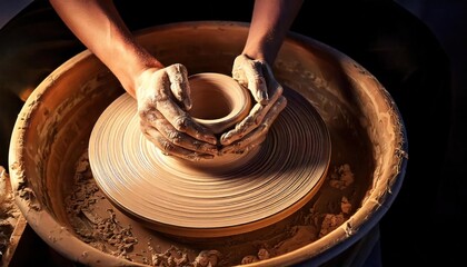 Fototapeta premium Hands molding clay on pottery wheel, creating bowl with focus and skill 