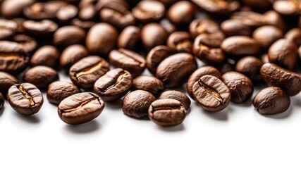 Handful of coffee beans scattered on a clean white background, creating a stylish layout with ample copy space; ideal for advertising coffee products.