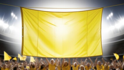 A vibrant yellow banner at a stadium, surrounded by cheering fans, creates an energetic atmosphere for a sports event.