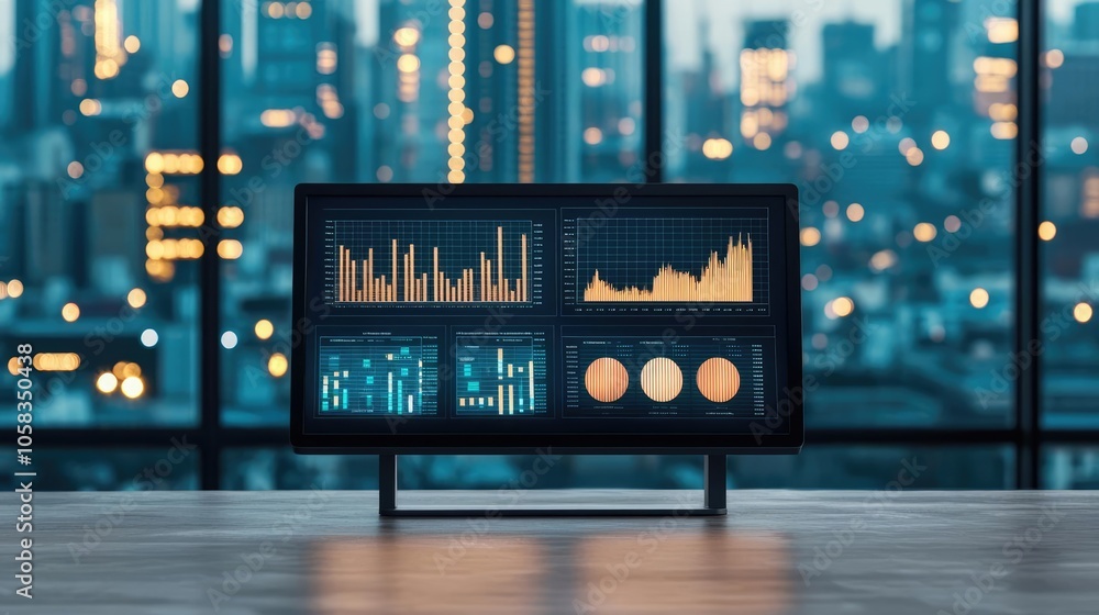 Poster modern digital monitor displaying data analytics in urban office.