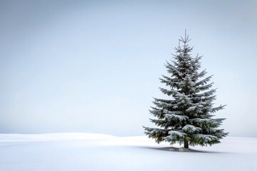 Fototapeta premium Snowy landscape with a single evergreen tree standing tall against the white backdrop, icy terrain, bare trees, snowy mountains, peaceful environment, serene landscape