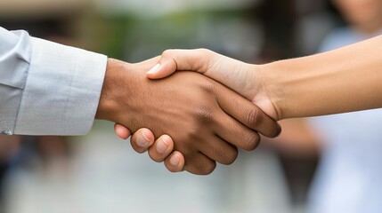 Two diverse hands shaking in a professional setting
