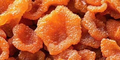 Close-up of vibrant orange fruit snacks resembling gummy candies.