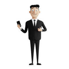Obraz premium The character stands upright, dressed in a sleek black suit and tie, smiling cheerfully while holding a smartphone in one hand amidst a contemporary office background