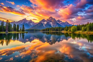 Serene lake at the foot of towering mountain, reflecting the vibrant hues of dawn sky as morning sun rises over the horizon, elevation, lake