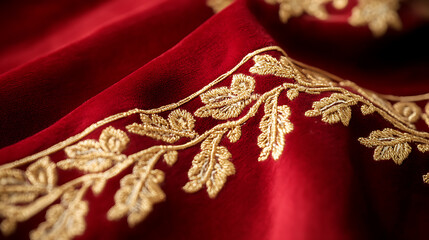 Luxurious red velvet fabric with intricate gold embroidery details