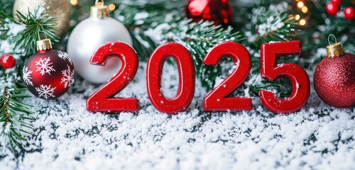 "2025" in vivid red on a snowy backdrop, complemented by festive decor.