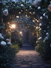 Twinkling Purple Pathway in a Starry Tunnel, Pathway with Glittering Lights, Leading Through a Starry Tunnel, Floral Pathway with Lit Arches and Glowing Roses at Night