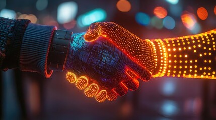 Human and robotic hands shaking, symbolizing collaboration and innovation.