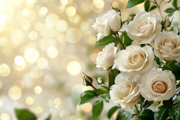 Soft White Roses with Warm Bokeh Lights in Background, White Roses with Warm Bokeh Lights