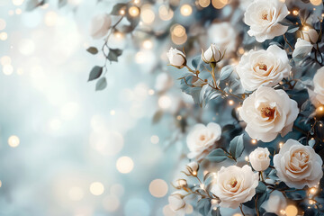 Elegant White Roses with Bokeh Lights and Blue Pastel Background, Delicate White Roses Against a Blue Pastel Background