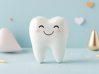 Cute tooth with smile on a blue background. Concept for dental, medicine, health design.