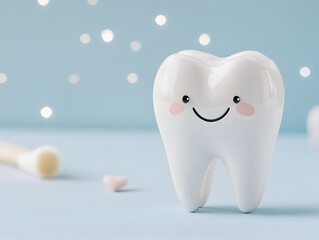 Cute tooth with smile on a blue background. Concept for dental, medicine, health design.