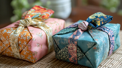 Beautifully wrapped small gifts in colorful fabric with intricate designs