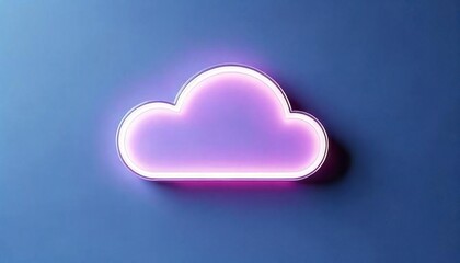 A neon pink cloud icon glowing against a blue background, symbolizing cloud storage and digital technology.