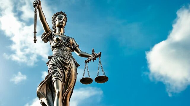 A bronze statue of Lady Justice, holding scales and a sword, stands tall against a bright blue sky with puffy white clouds