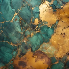 A close-up of a textured surface featuring turquoise and gold hues, resembling a natural stone.