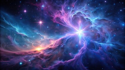 Ethereal scene of a nebula with tendrils of purple and pink gas, illuminated by a bright blue star, set against a dark canvas, space environment, gaseous nebula, cosmos