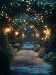 Magical Garden Pathway Covered in Twinkling Lights and Surrounded by Trees, Floral Pathway with Lit Arches and Glowing Roses at Night