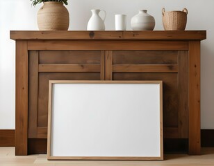A white framed canvas or artwork leaning against a wooden cabinet or shelving unit, with various decorative items such as vases and baskets displayed on the shelves.