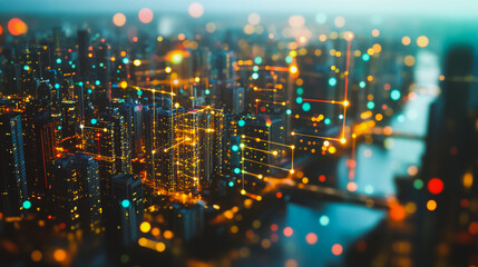 Obraz premium Smart digital Innovation city with connection network reciprocity over the cityscape. of future smart wireless digital city and social media networking systems that connects people with in city