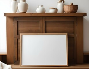 A white framed canvas or artwork leaning against a wooden cabinet or shelving unit, with various decorative items such as vases and baskets displayed on the shelves.