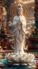 Obraz premium Buddhist Statue of Guan Yin with Lotus, Symbolizing Compassion and Religious Culture