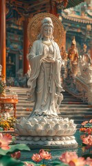 Obraz premium Buddhist Statue of Guan Yin with Lotus, Symbolizing Compassion and Religious Culture