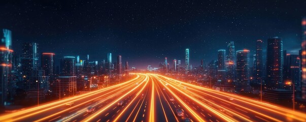 Obraz premium Dynamic cityscape with bright light trails on a highway at night.