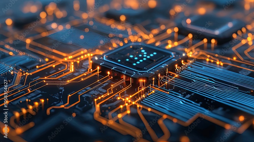 Poster close-up of circuit board with glowing connections and microchip.