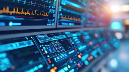 Close-up of futuristic control panel with digital screens and colorful graphs.