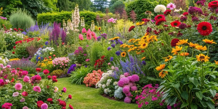 Lush and vibrant flower border in a cottage garden setting with a mix of annuals and perennials, garden design, mix of flowers, floristry, flower border