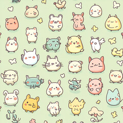 Fototapeta premium Cute Cartoon Animal Pattern with Pastel Colors - Perfect for children’s designs, wallpapers, and textiles. The playful and whimsical style creates a cheerful mood