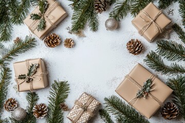 Decorative holiday frame with Christmas greenery, sparkly accents, and gifts on white.