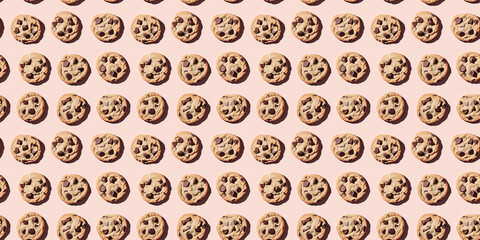 A seamless pattern of chocolate chip cookies, each with its shadow, scattered across the canvas in an elegant display, with soft shadows on a soft pale pink color background
