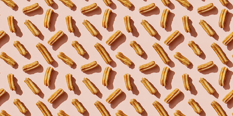 A seamless pattern of churros, each with its shadow, scattered across the canvas in an elegant display, with soft shadows on a soft pale pink color background