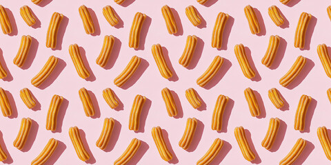 A seamless pattern of churros, each with its shadow, scattered across the canvas in an elegant display, with soft shadows on a soft pale pink color background