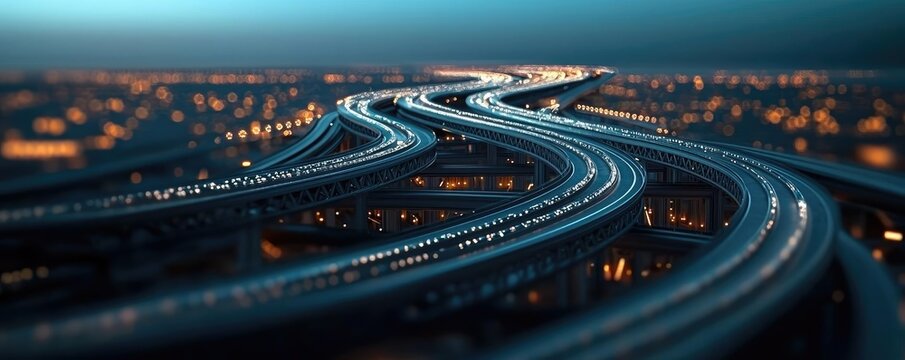 Aerial view of illuminated winding highways at night, city lights in the background. - Powered by Adobe