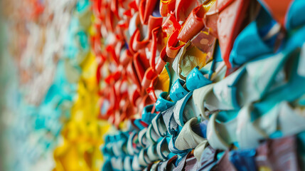 Obraz premium A creative composition of recycled materials transformed into art, showcasing innovative and eco-friendly craftsmanship, bright and colorful, macro perspective.