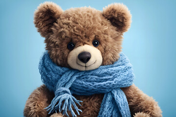 Obraz premium Blue Teddy Bear with Scarf on Blue Background, Symbolizing Blue Monday Concept