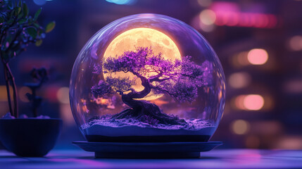 Purple bonsai and moon inside the glowing terrarium