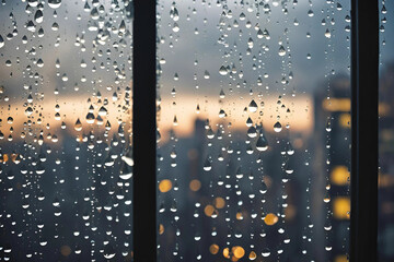 Close-Up of Raindrops on Window with Blurred Cityscape, Evoking Quiet Contemplation, rain on window