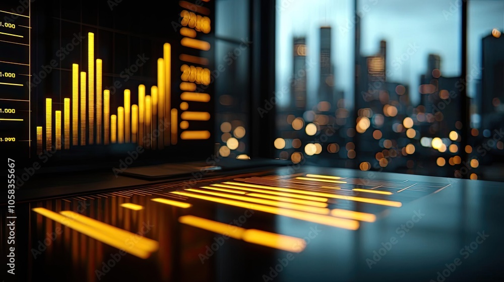 Poster data visualization on screen with glowing graphs and city background