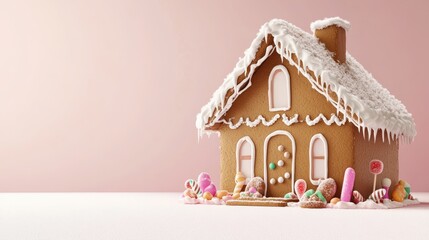 A festive gingerbread house decorated with candy and icing.