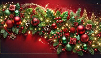 Elegant Christmas Garland with Ornaments and Gifts, generative ai
