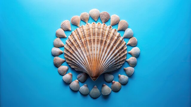 Extreme close-up of a scallop shell made of small circles on a blue background