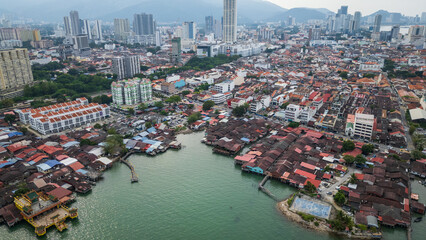 Obraz premium Aerial of George Town in Penang Island Malaysia with Jetties residential unesco neighbourhood street art graffiti